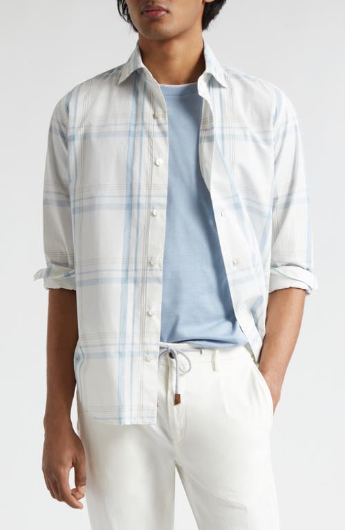 Eleventy Plaid Cotton Button-Up Shirt White And Denim at Nordstrom,