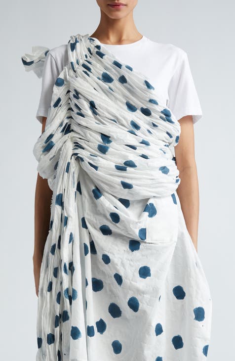 Polka Dot Shirred Asymmetric One-Shoulder Cotton Dress
