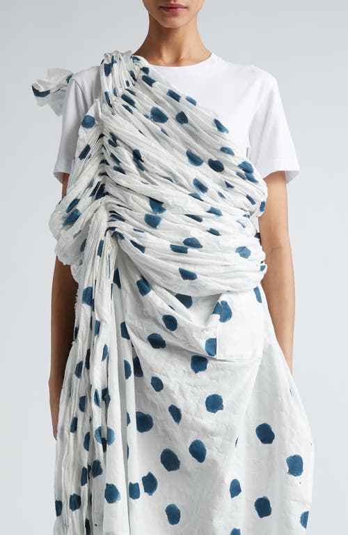 Polka Dot Shirred Asymmetric One-Shoulder Cotton Dress in White/Indigo