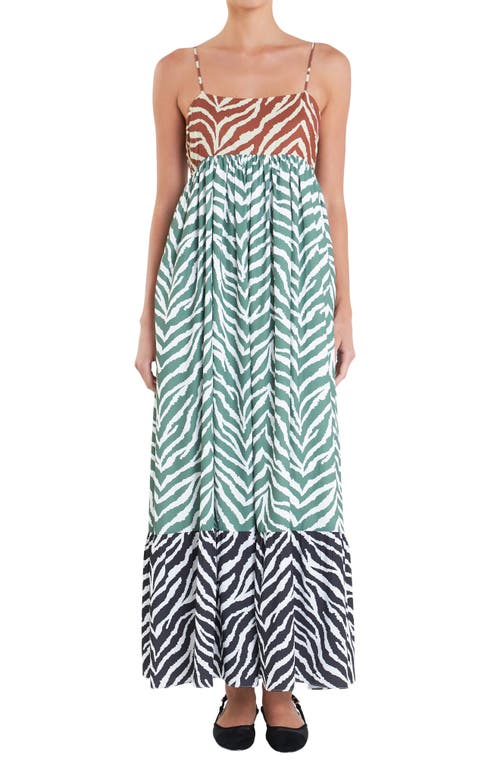 Shop English Factory Colorblock Zebra Print Tiered Maxi Sundress In Brown Multi