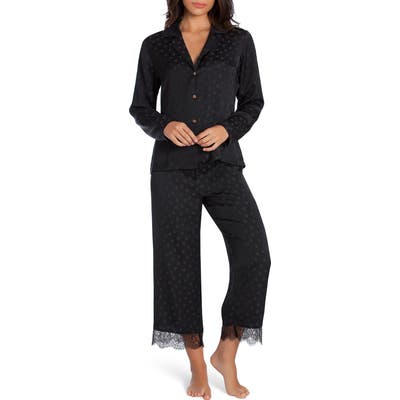 Midnight Bakery Lace Trim Dot Satin Pajamas, Black
