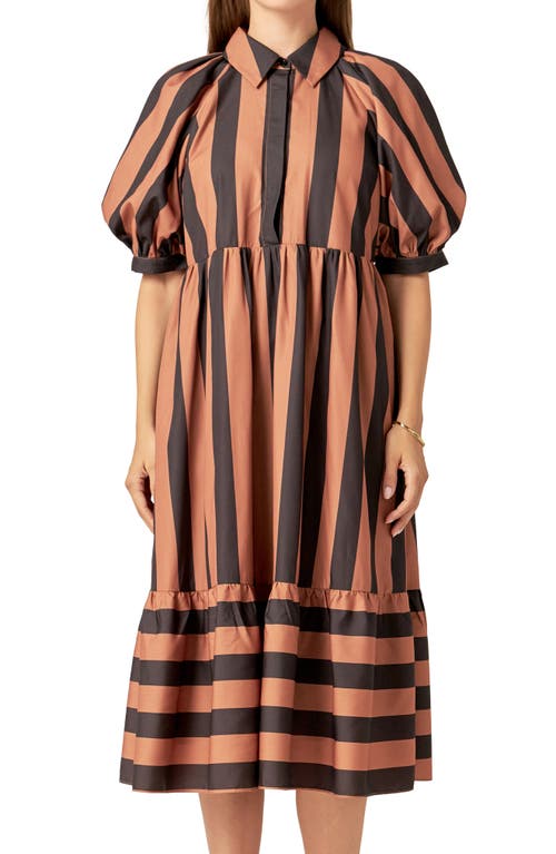 Shop English Factory Bold Stripe Puff Elbow Sleeve Shirtdress In Camel/black