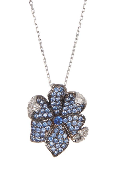 Sterling Silver Sapphire & Diamond Flower Pendant Necklace