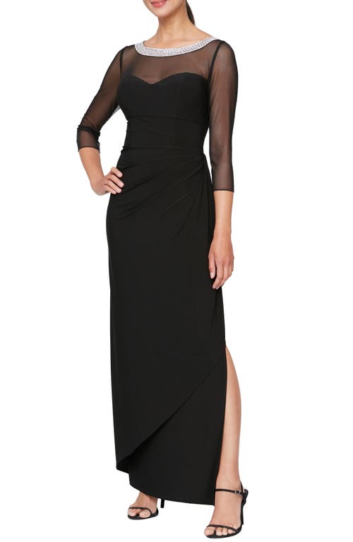 Alex Evenings Illusion Embellished Detail Jersey Gown in Black