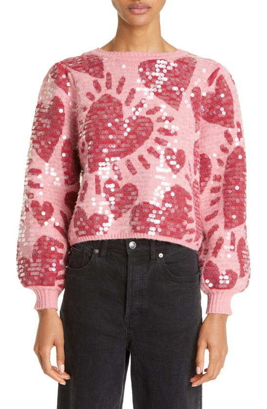 FARM RIO HEART PATTERN CREWNECK SEQUIN SWEATER
