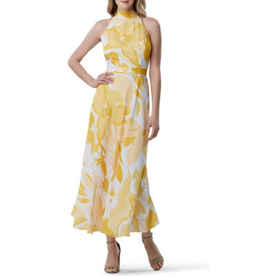 Tahari Printed Halter Maxi Dress, Yellow