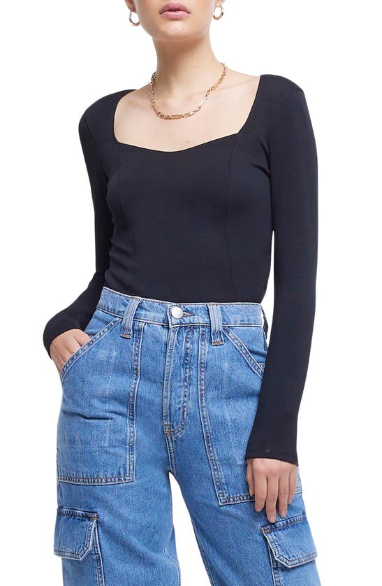 River Island Sweetheart Neck Long Sleeve Bodysuit In Black