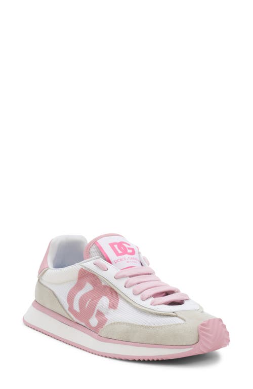 Dolce & Gabbana 'aria' Pink Running Sneakers With Logo Detail In Suede And Tech Fabric Woman In Bianco/rosa