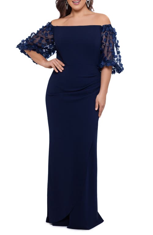 Xscape Evenings 3-D Floral Sleeve Off the Shoulder Gown Navy at Nordstrom,