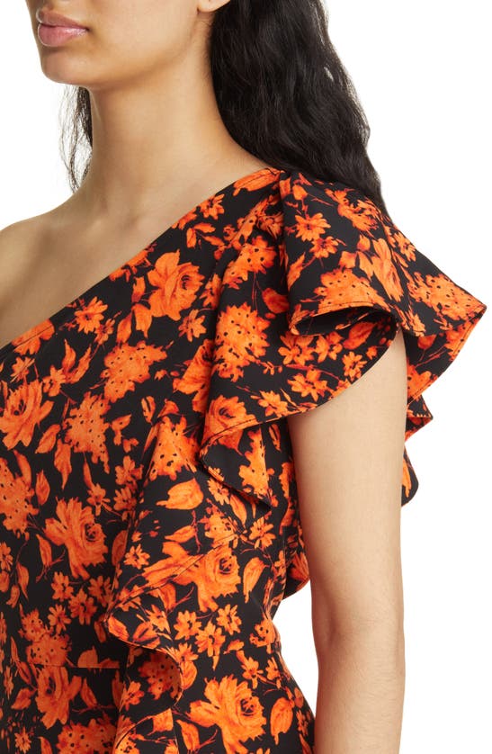 Shop Chelsea28 Floral Ruffle One-shoulder Dress In Black- Orange Vintage Rose