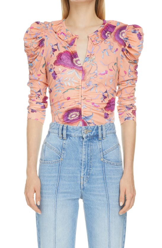 Isabel Marant Jen Floral-print Ruched Puff-sleeve Blouse In Papaya