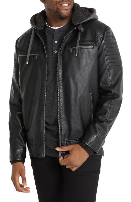 Danny Faux Leather Biker Jacket with Removable Knit Hood in Black
