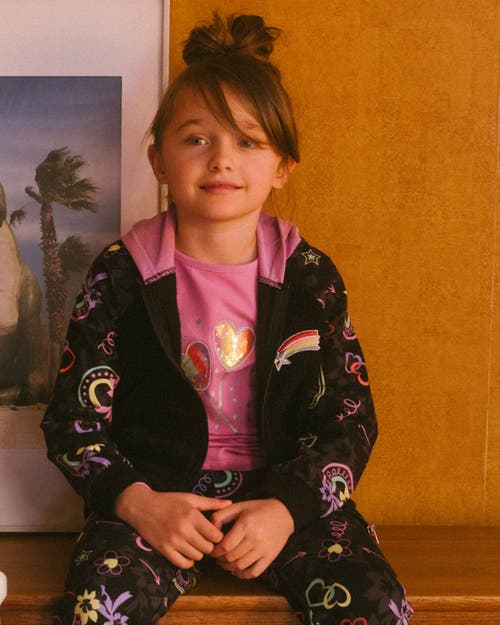 Shop Deux Par Deux Little Girl's Bi-material French Terry And Soft Fleece Zip Hoodie Black In Printed Hearts & Rainbows