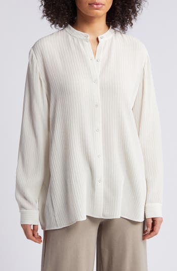 Eileen Fisher Rib Band Collar Silk Button-Up Shirt | Nordstrom