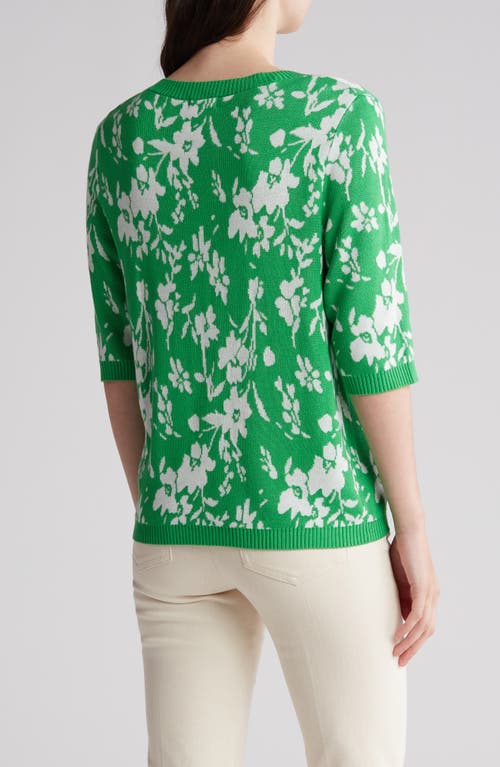 Shop Gemma + Jane Floral Jacquard Elbow Sleeve Cardigan In Kelly Green/white