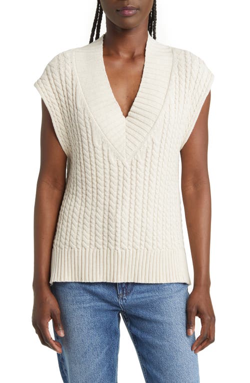 French Connection Mozart Cable Stitch Cap Sleeve V-Neck Sweater in Light Oatmeal