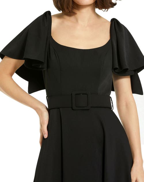 Mac Duggal Crepe Fitted Gown With Short Ruffle Sleeves In Black