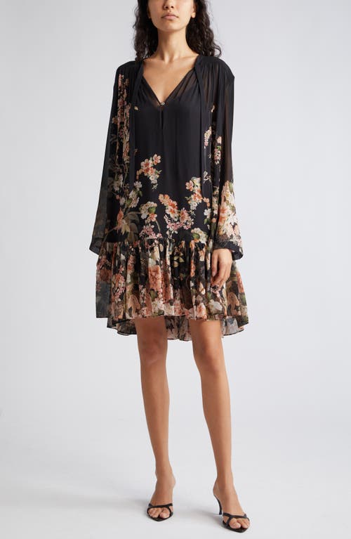 Zimmermann Natura Floral Print Long Sleeve Tiered Minidress Coral Garden Black at Nordstrom,