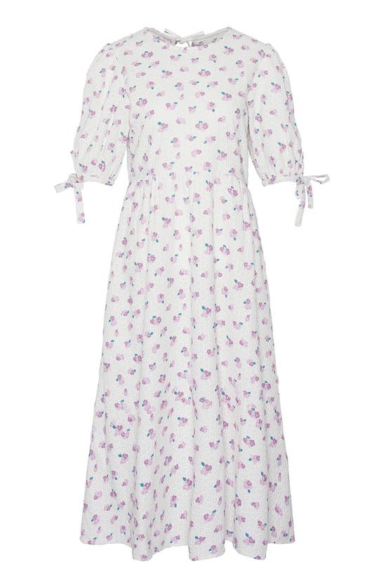 Shop Barbour Goodleigh Floral Puff Sleeve Cotton Midi Dress In White/pink Flowers