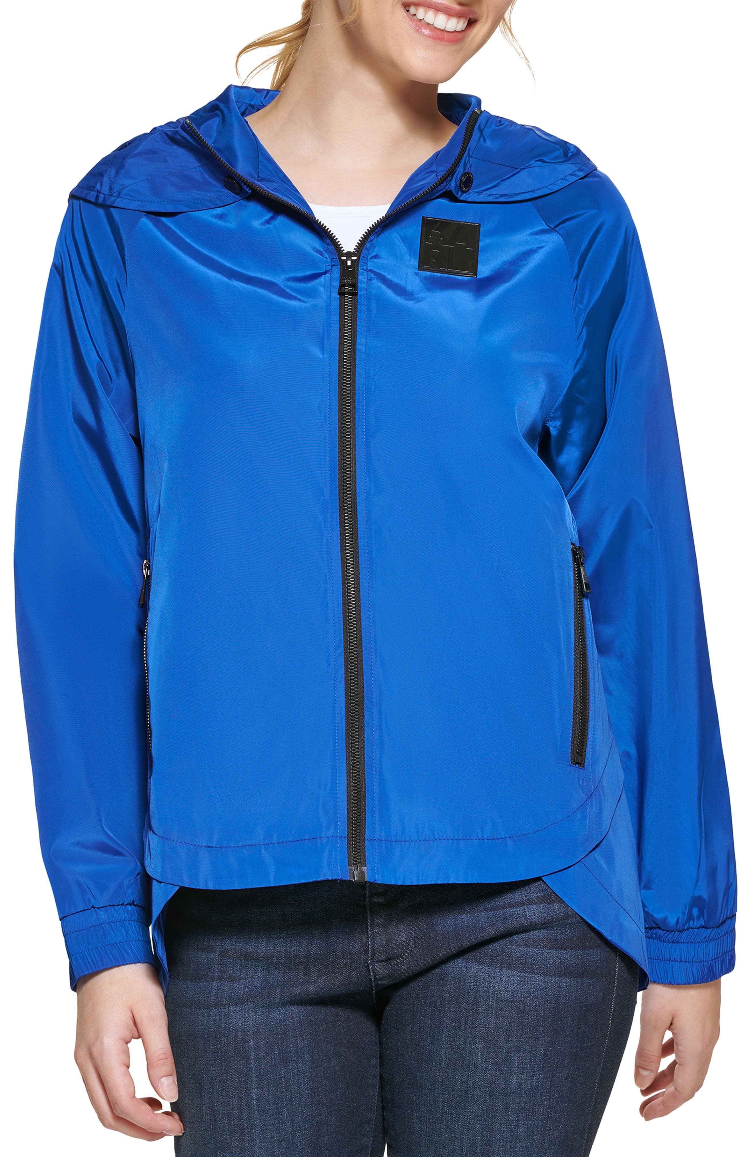 Karl Lagerfeld Paris Water Resistant Hooded High-Low Windbreaker Jacket in Cobalt