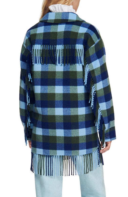 Sandro Claira Checked Fringed Wool-blend Coat In Blue Jean