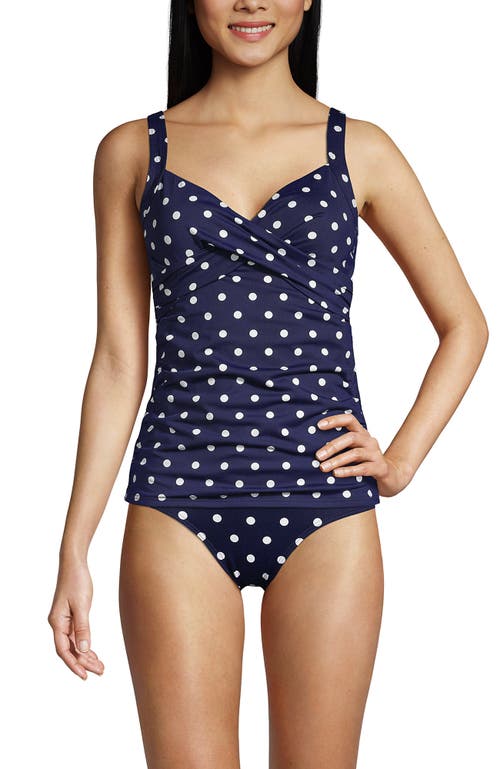 Shop Lands' End Long Torso V-neck Wrap Underwire Tankini Swimsuit Top In Deep Sea Polka Dot