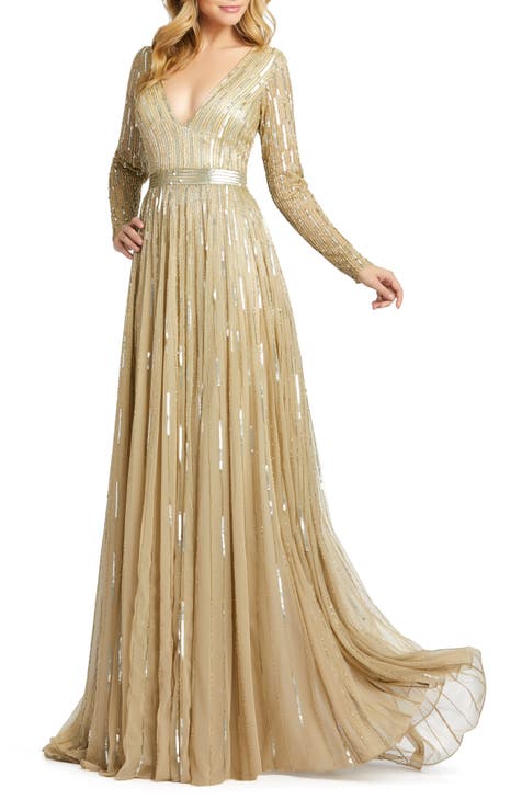 Long Sleeve Sequin & Bead Stripe Gown