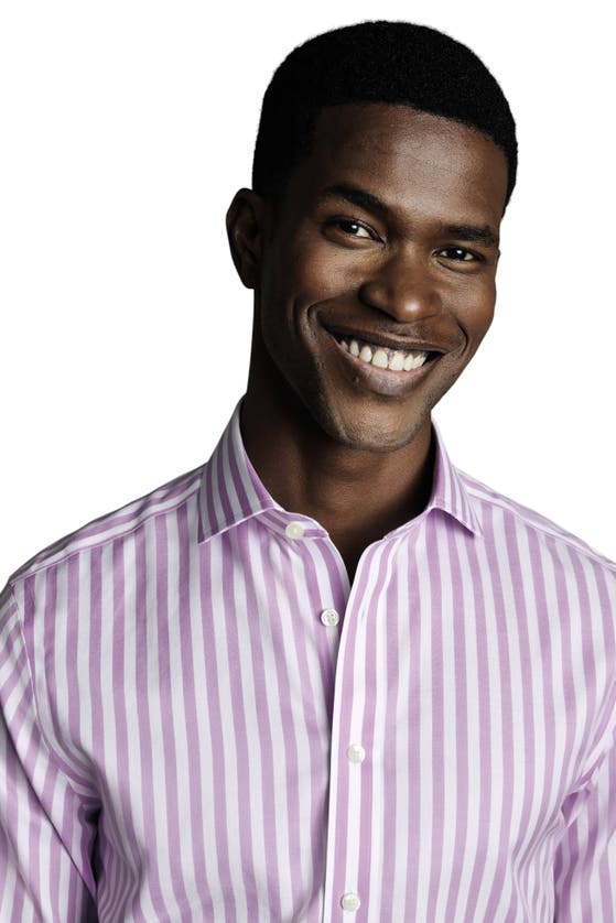 Shop Charles Tyrwhitt Wide Stripe Non-iron Twill Cutaway Slim Fit Shirt Single Cuff In Lilac Purple