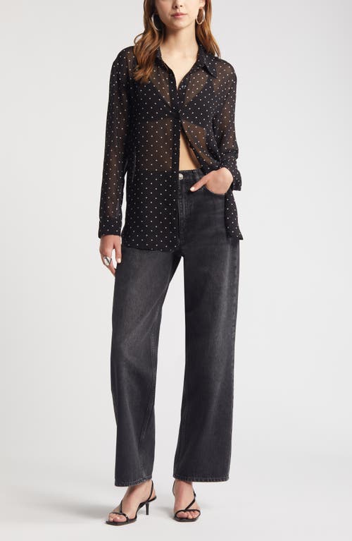 Shop Open Edit Sheer Button-up Shirt In Black Ode Dot