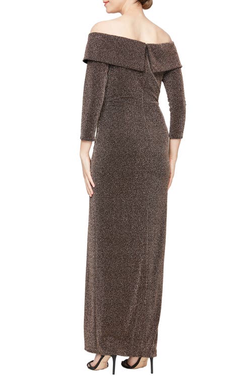 Shop Alex Evenings Metallic Off The Shoulder Knit Sheath Gown In Black/copper