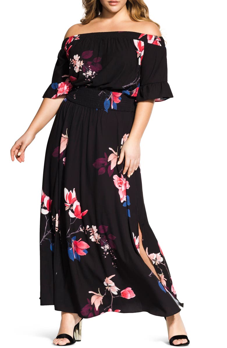 City Chic Spring Lotus Off the Shoulder Maxi Dress (Plus Size) | Nordstrom