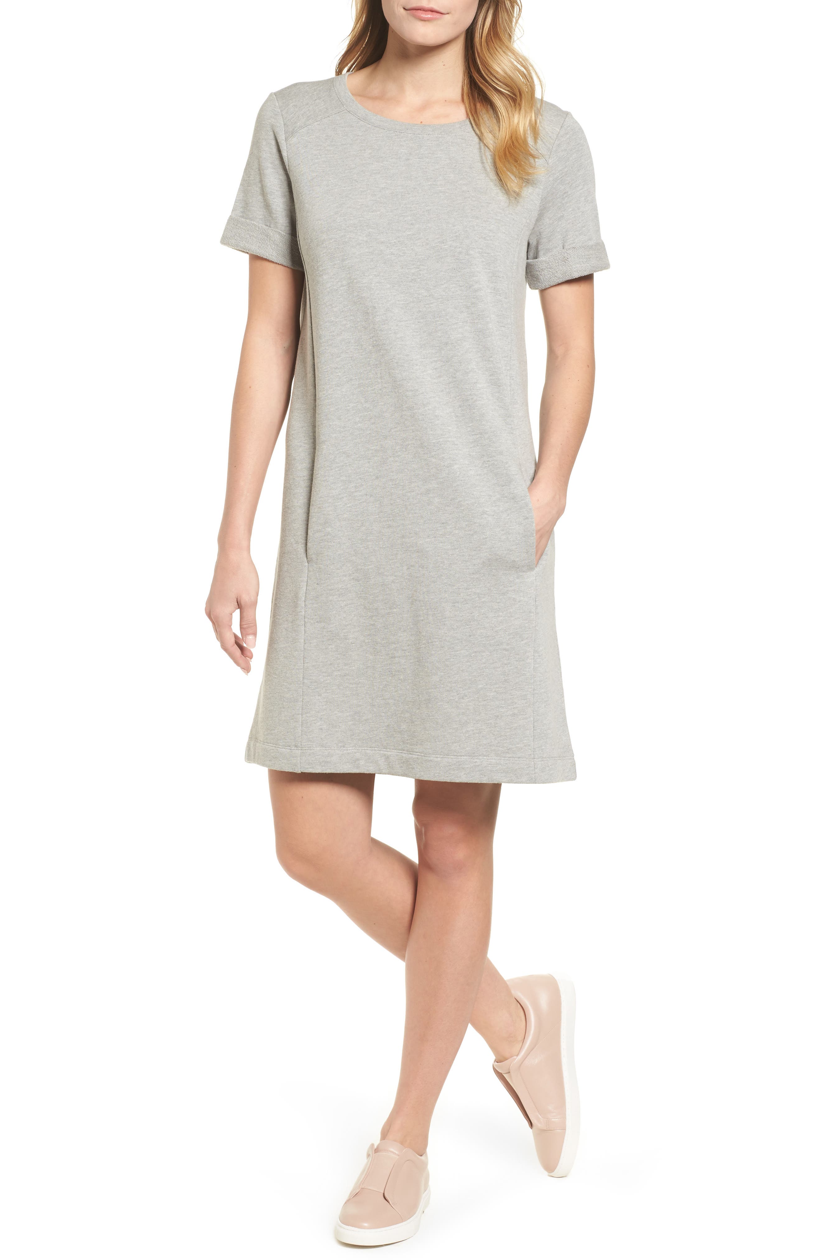 Petite Caslon Short Sleeve Cotton Blend Dress, Grey