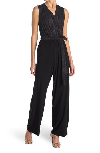 Shop Tash And Sophie Jersey Jumpsuit Glitter Top In Black/silver