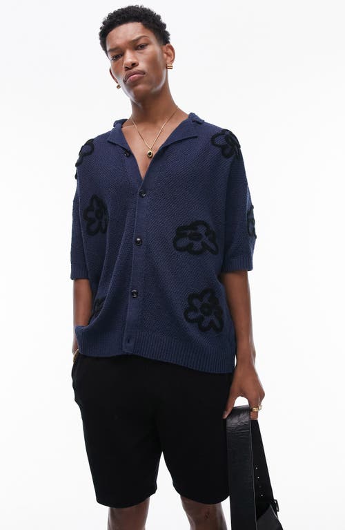 Topman Floral Button-Up Cardigan Shirt Navy at Nordstrom,