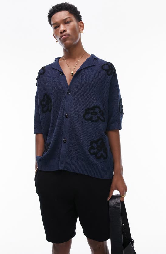 Topman Floral Button-up Cardigan Shirt In Navy