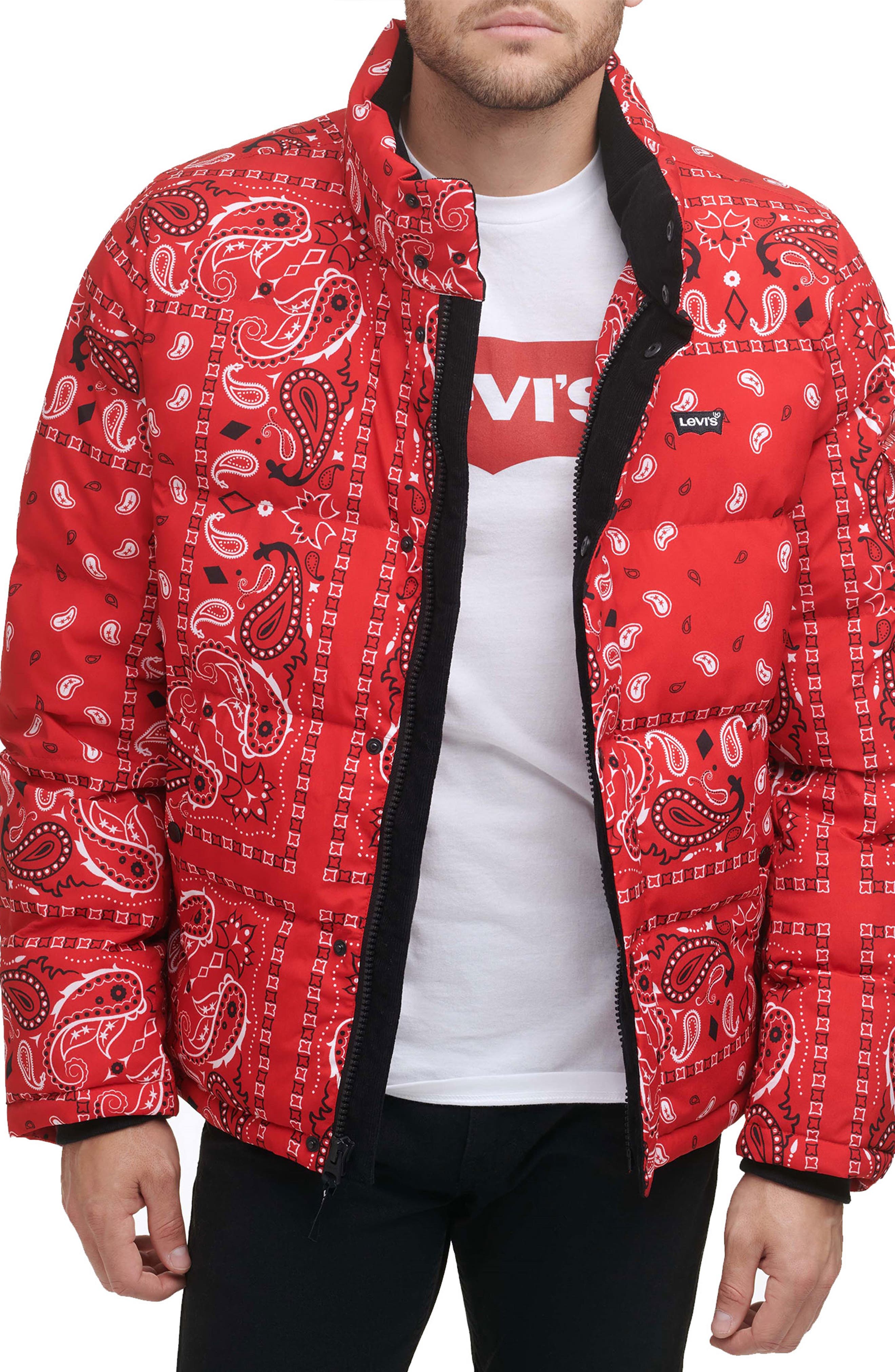 men red bubble coat