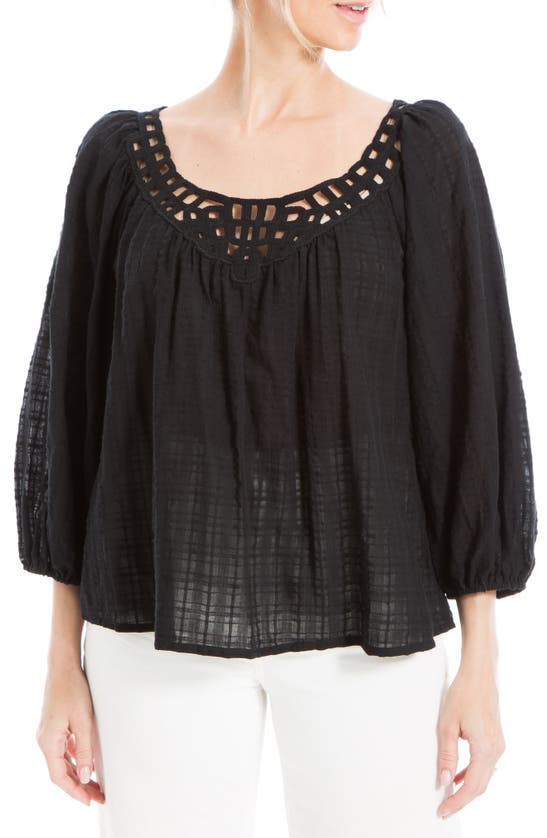 Max Studio Openwork Bubble Sleeve Top In Black