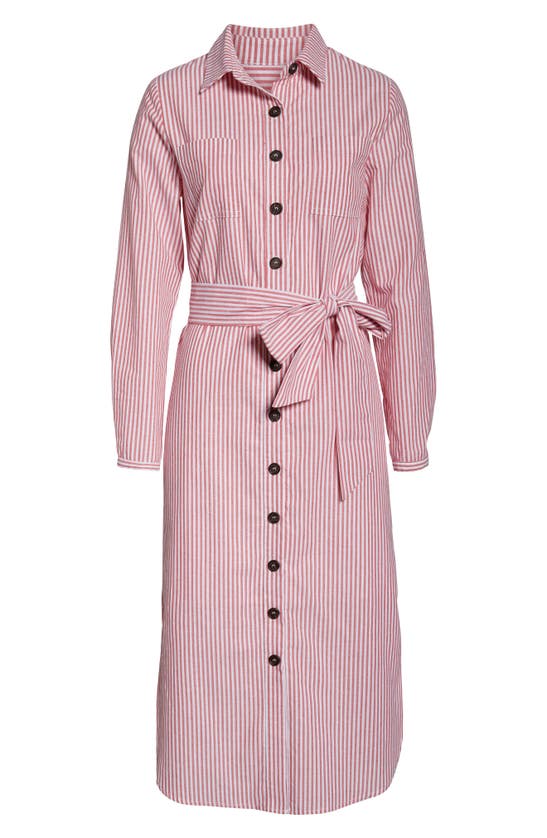 1901 Stripe Belted Shirtdress In Red- White