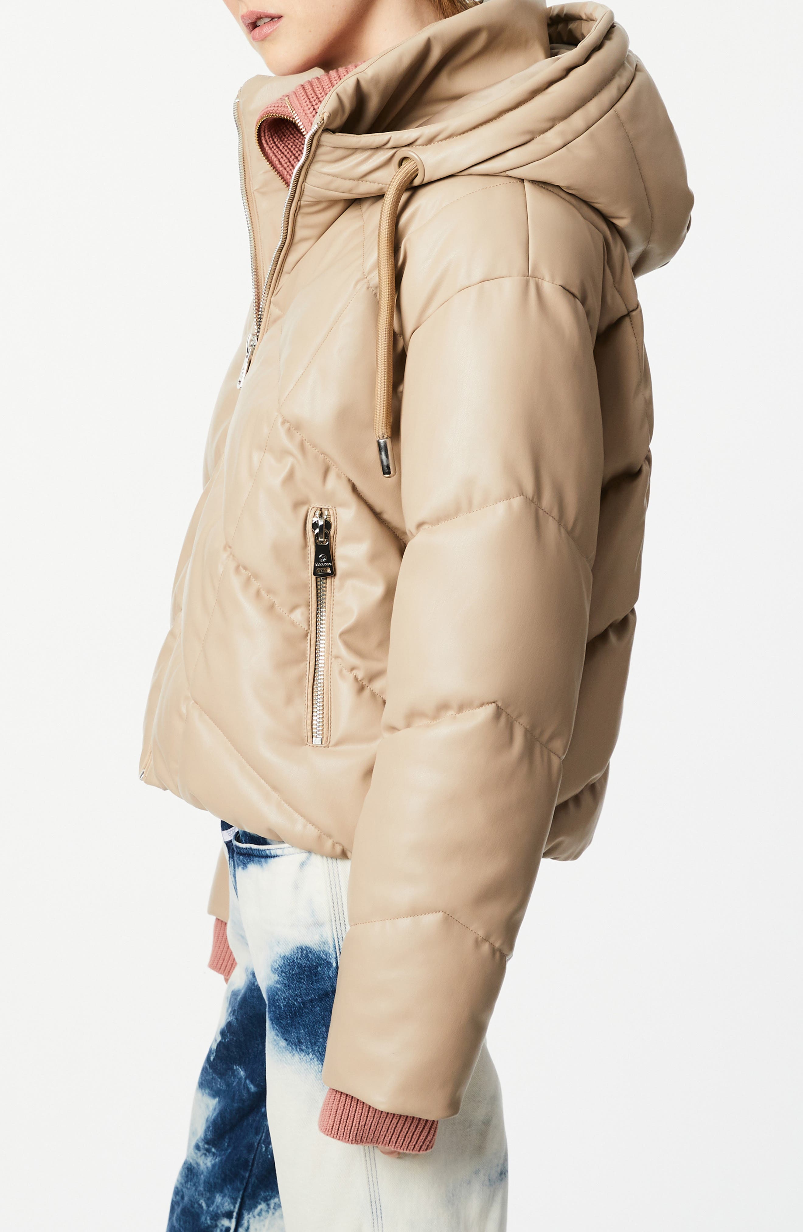 faux leather hooded puffer jacket