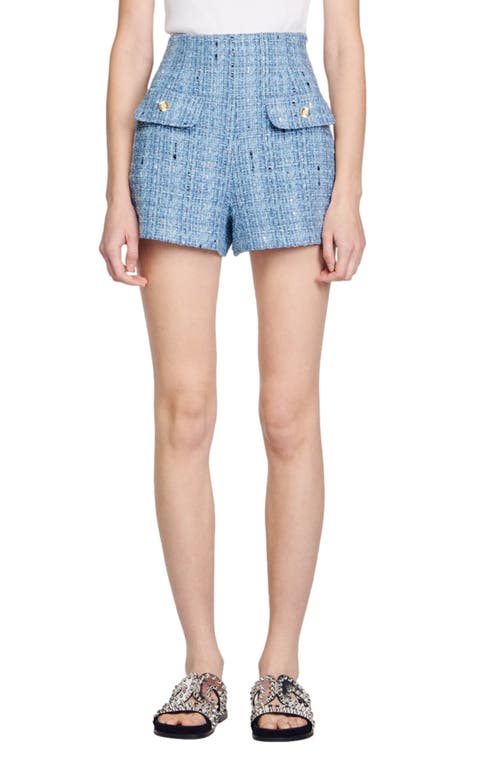 sandro Orna High Waist Tweed Shorts in Blue at Nordstrom, Size 4