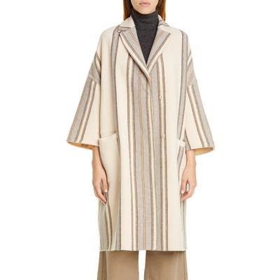 Brunello Cucinelli Blanket Stripe Wool & Cashmere Coat, US / 44 IT - Ivory