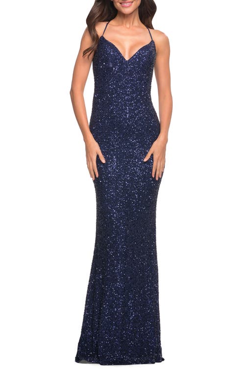 Stretch Sequin Sleeveless Gown in Navy