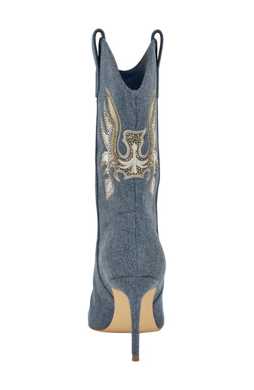 Guess Women's Rasima Denim Rhinestone Embellished High Heel Western Boots In Medium Blue