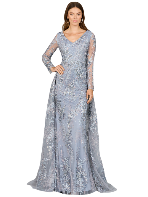 Shop Lara New York Lace Long Sleeve Gown With Overskirt In Slatemulti