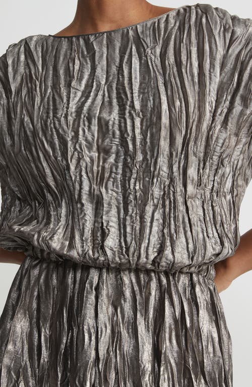 Shop Lafayette 148 New York Metallic Foil Plissé Midi Dress In Pewter Metallic