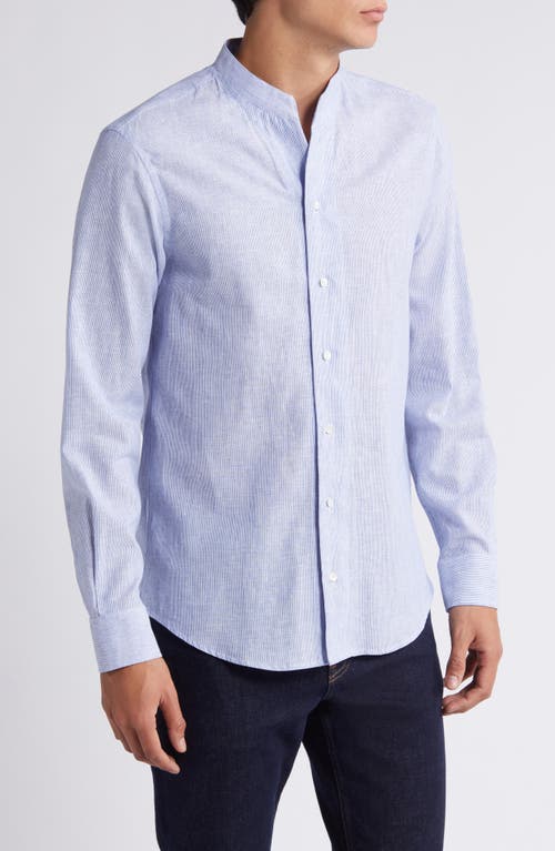 Emporio Armani Pinstripe Band Collar Linen & Cotton Button-Up Shirt Solid Bright Blue at Nordstrom,