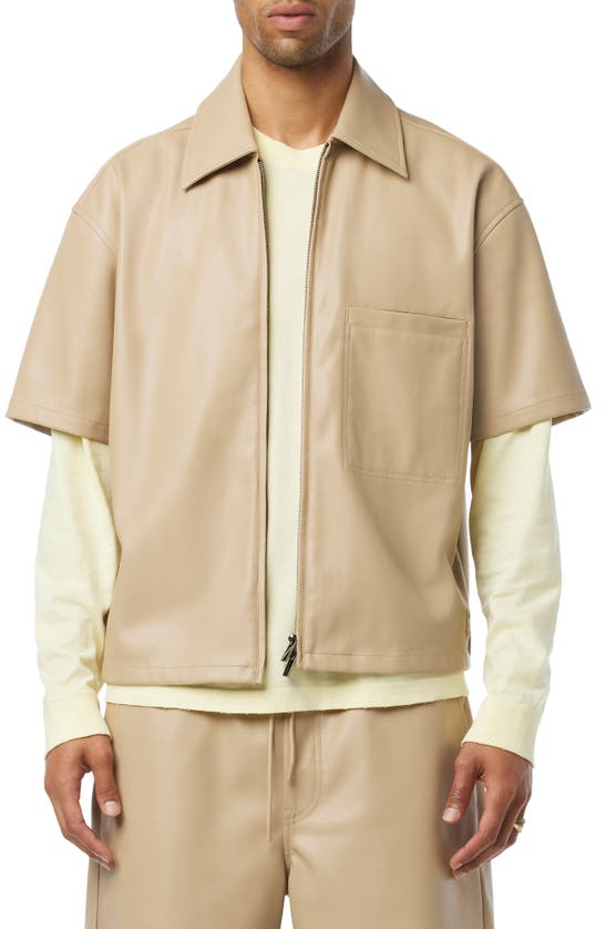 Shop Hudson Short Sleeve Faux Leather Zip Shirt In Sandy