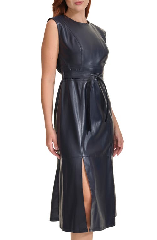 Shop Calvin Klein Faux Leather Sleeveless Belted Midi Dress In Indigo