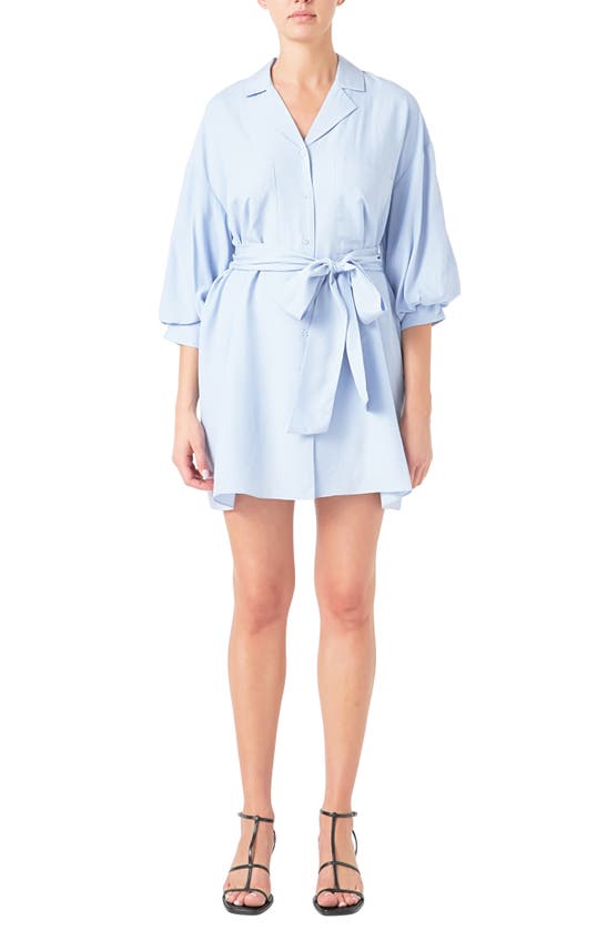 Endless Rose Tie Waist Mini Shirtdress In Powder Blue