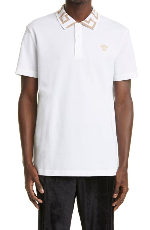 Shop Versace Metallic Greca Collar Piqué Polo In White/gold